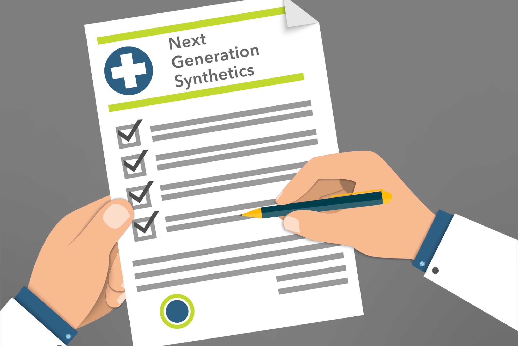 Doctor reviews checklist of benefits of next generation synthetic bone grafts.