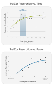 Relationship between the rate of radiographic resorption of TrelCor granules and time after implantation, and TrelCor resorption and fusion rate.